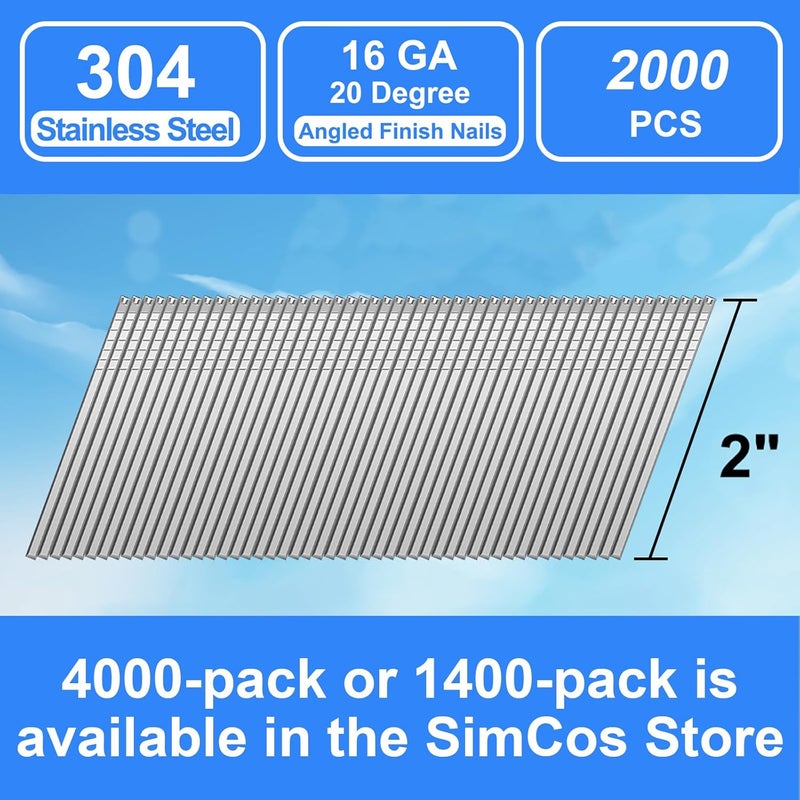 SimCos 16 Gauge Angled Finish Nails 304 Stainless Steel, (1-1/4", 1-1/2", 2", 2-1/2"), 20-Degree,Assorted Size Project Pack for Pneumatic, Electric Finish Nailer or Nail Gun (2 inch) - Image 3